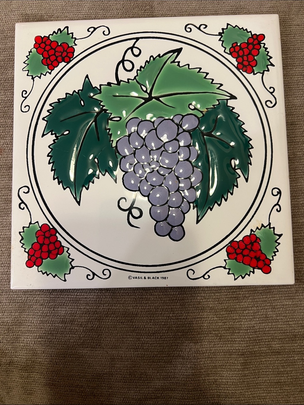 Vasil & Black Grape Tile Wall Art - Purple, Green, Red on White